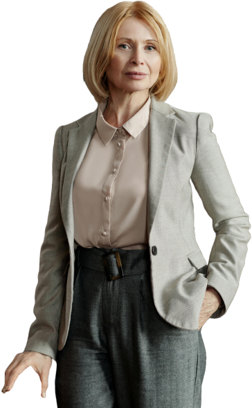 Confident professional woman standing in business attire, embodying leadership and curiosity, perfect for inspiring those curious about something.