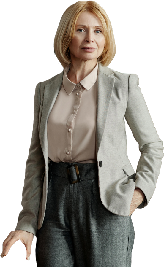 Confident professional woman standing in business attire, embodying leadership and curiosity, perfect for inspiring those curious about something.