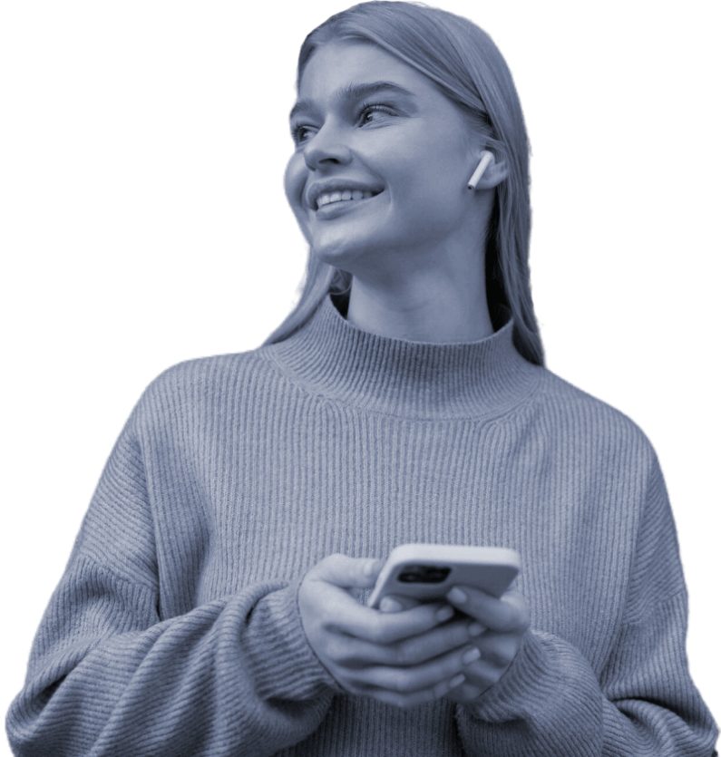 Women in a grey sweater with AirPods, holding a phone, representing expert financial guidance, innovation, and a dynamic, remote team.